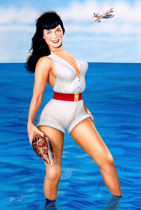 Bettie at the Beach | Pin-Up icon Bettie Page | Aviation Art by Sam Lyons.