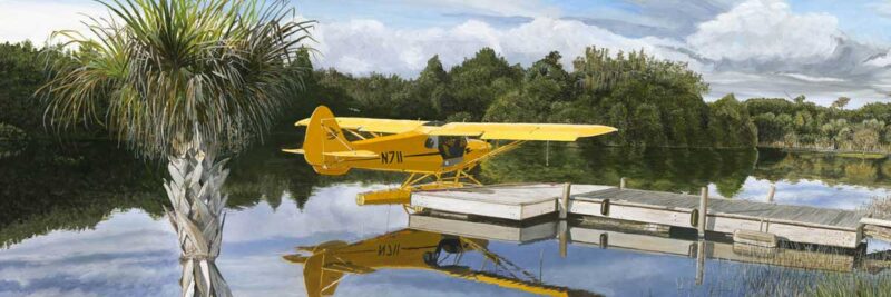 Aviation Artwork by Sam Lyons 'Cub at Quail Creek', depicts a Piper Cub on floats.