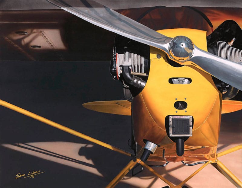 J3 Morning; as the sunlight creeps in the hangar, it turns the Piper into polished gold. You can see every single detail of the J3 as she waits for her pilot to wake up and get her in the sky. Aviation Art by Sam Lyons.