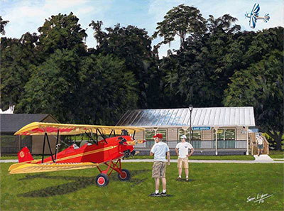 Aviation Art by Sam Lyons, 'Birdmen in Paradise' shows a bright red and yellow Fleet NC 431K on display on green grass.