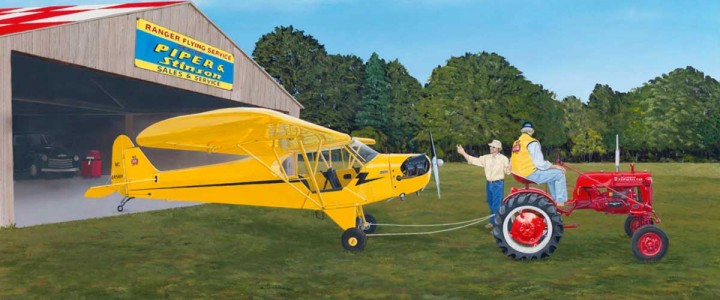 'Cub Buddies', Aviation Art by Sam Lyons featuring a Piper Cub and an International Harvester Farmall Cub tractor.