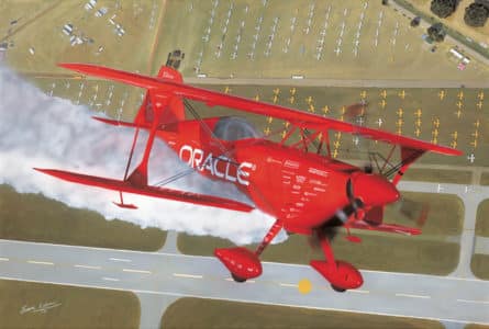 On the Edge, Oracle Challenger III biplane, Aviation Art by Sam Lyons.