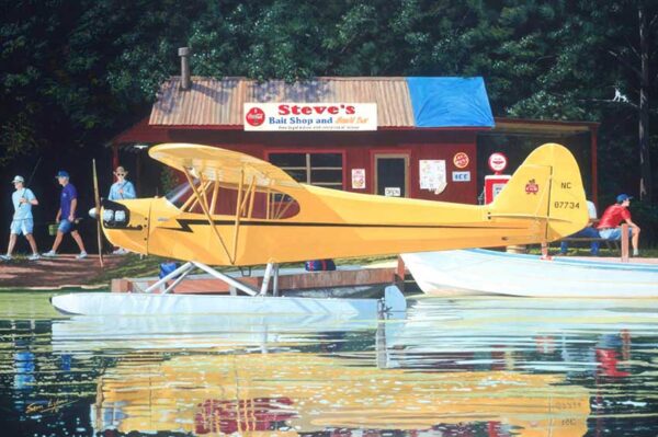 Piper Cub on floats, titled 'Yellow Lure', Aviation Art by Sam Lyons